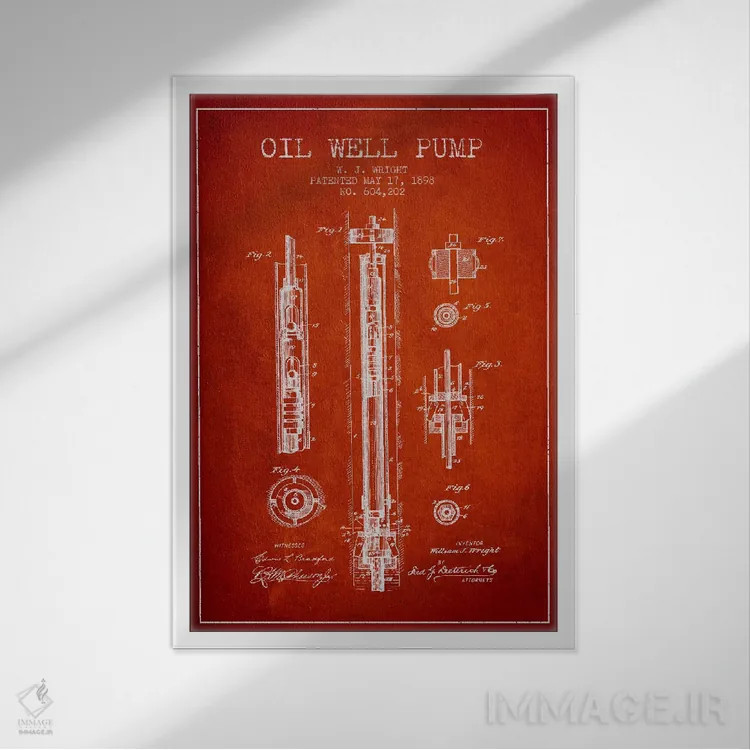 تابلو نقشهٔ ثبت اختراع پمپ چاه نفت (قرمز) اثر پیکسل کهنه (استودیو/نام هنری) - نمای قابدار سفید