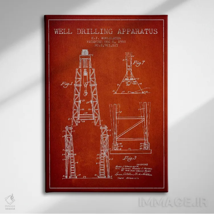 تابلو نقشهٔ ثبت اختراع دستگاه حفاری (قرمز) اثر پیکسل کهنه (استودیو/نام هنری) - نمای روبهرو روی دیوار