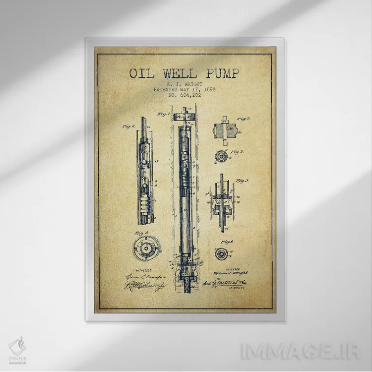 تابلو نقشهٔ ثبت اختراع پمپ چاه نفت (طرح قدیمی) اثر پیکسل کهنه (استودیو/نام هنری) - نمای قابدار سفید