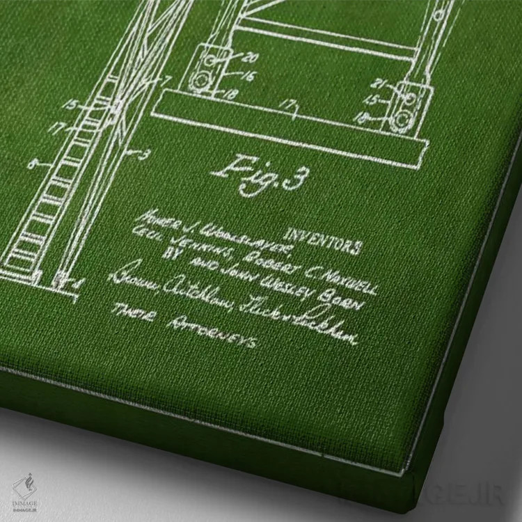 تابلو نقشهٔ ثبت اختراع دستگاه حفاری (سبز) اثر پیکسل کهنه (استودیو/نام هنری) - نمای نزدیک بافت بوم