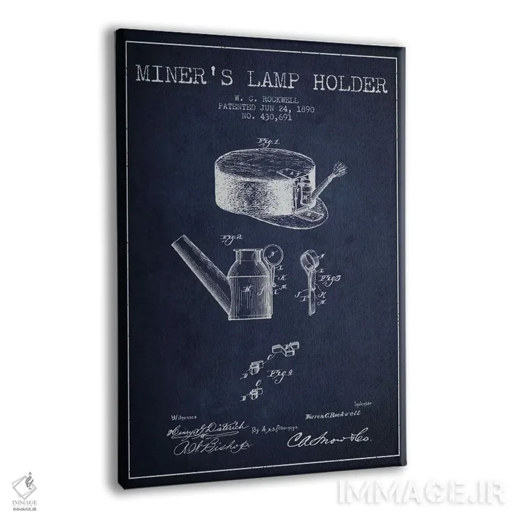 تابلو نقشهٔ ثبت اختراع چراغ معدنچی ۲ (آبی تیره) اثر پیکسل کهنه (استودیو/نام هنری) - نمای پرسپکتیو محصول