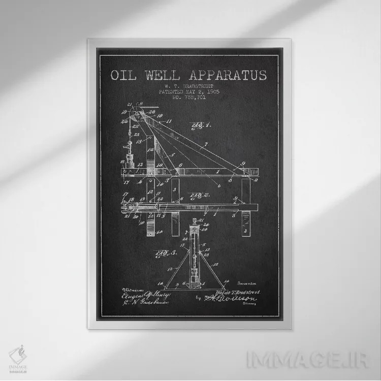 تابلو نقشهٔ ثبت اختراع دستگاه چاه نفت (زغالی) اثر پیکسل کهنه (استودیو/نام هنری) - نمای قابدار سفید