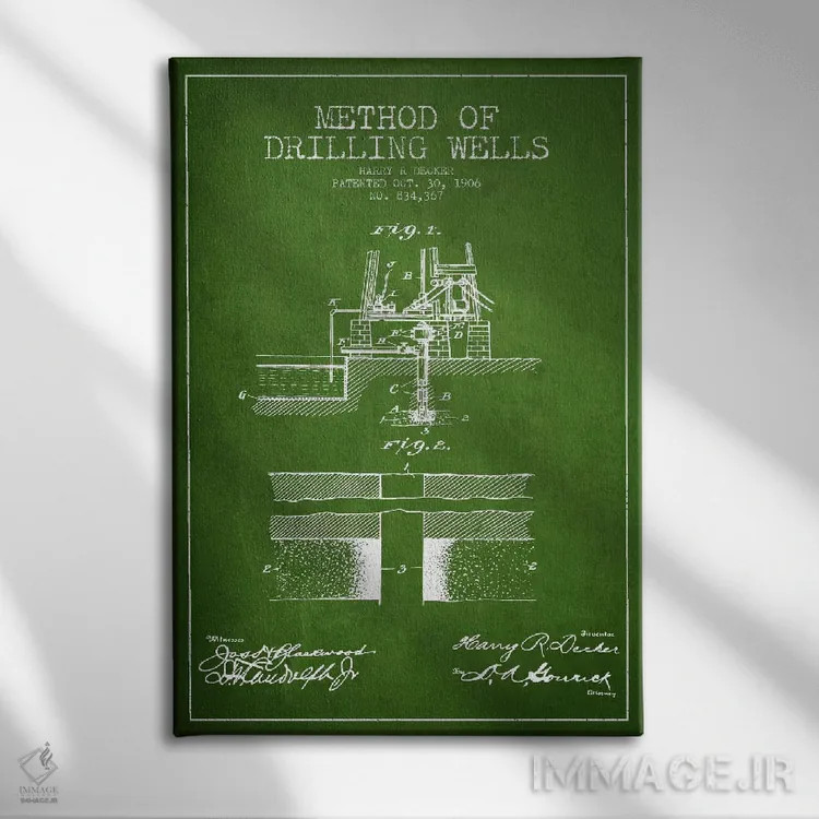 تابلو نقشهٔ ثبت اختراع روش حفاری چاهها (سبز) اثر پیکسل کهنه (استودیو/نام هنری) - نمای روبهرو روی دیوار