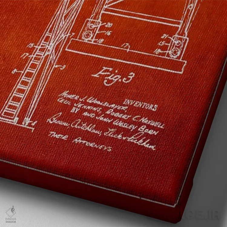تابلو نقشهٔ ثبت اختراع دستگاه حفاری (قرمز) اثر پیکسل کهنه (استودیو/نام هنری) - نمای نزدیک بافت بوم