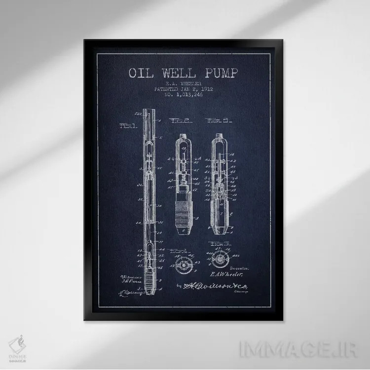 تابلو نقشهٔ ثبت اختراع پمپ چاه نفت (آبی تیره) اثر پیکسل کهنه (استودیو/نام هنری) - نمای قابدار مشکی