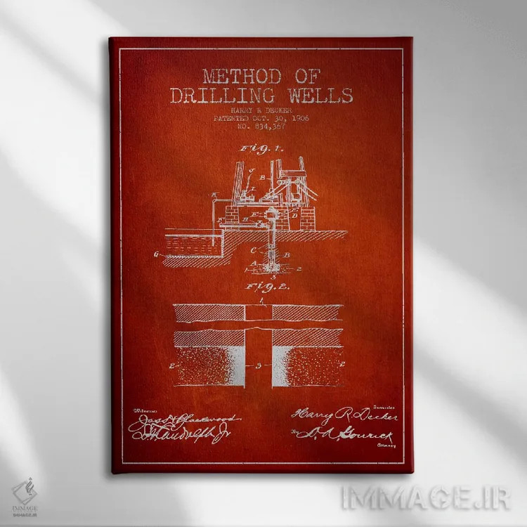 تابلو نقشهٔ ثبت اختراع روش حفاری چاهها (قرمز) اثر پیکسل کهنه (استودیو/نام هنری) - نمای روبهرو روی دیوار