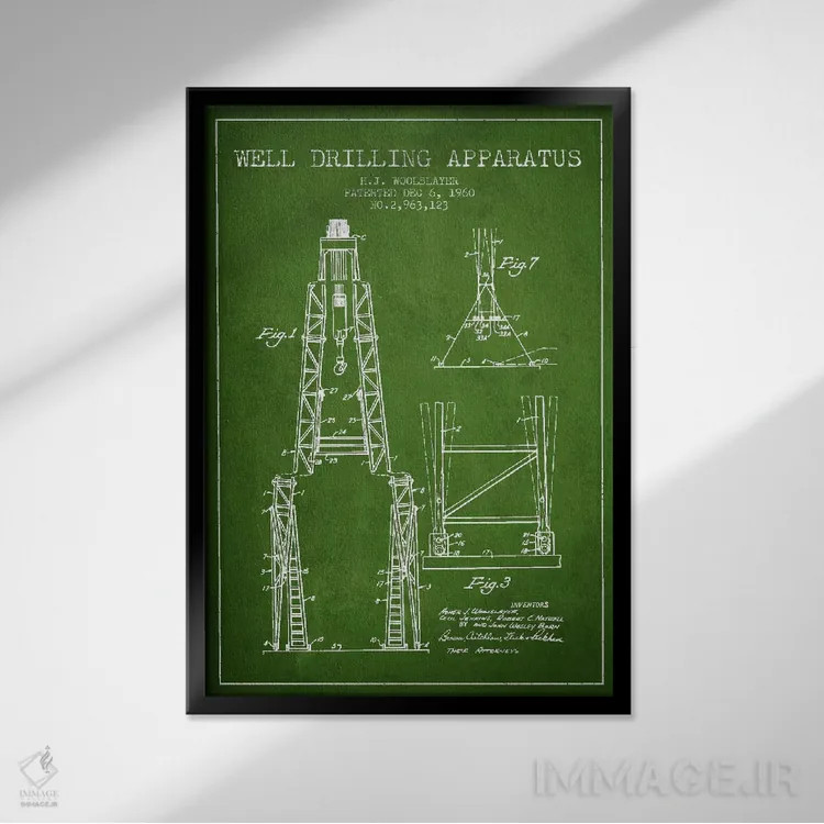 تابلو نقشهٔ ثبت اختراع دستگاه حفاری (سبز) اثر پیکسل کهنه (استودیو/نام هنری) - نمای قابدار مشکی