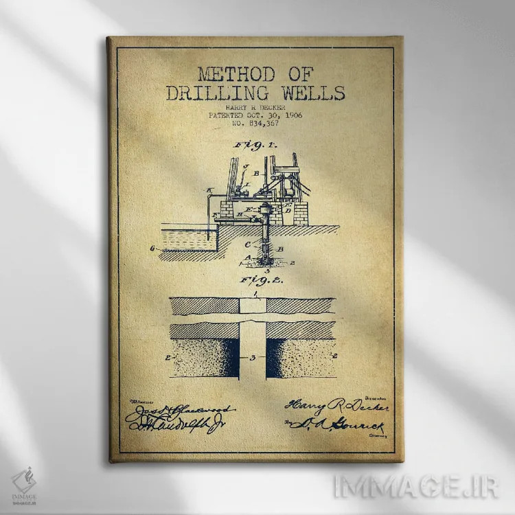 تابلو نقشهٔ ثبت اختراع روش حفاری چاهها (طرح قدیمی) اثر پیکسل کهنه (استودیو/نام هنری) - نمای روبهرو روی دیوار