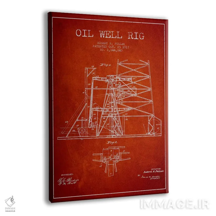 تابلو نقشهٔ ثبت اختراع دکل حفاری چاه نفت ۱ (قرمز) اثر پیکسل کهنه (استودیو/نام هنری) - نمای پرسپکتیو محصول