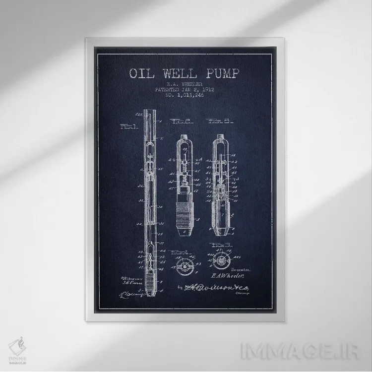 تابلو نقشهٔ ثبت اختراع پمپ چاه نفت (آبی تیره) اثر پیکسل کهنه (استودیو/نام هنری) - نمای قابدار سفید