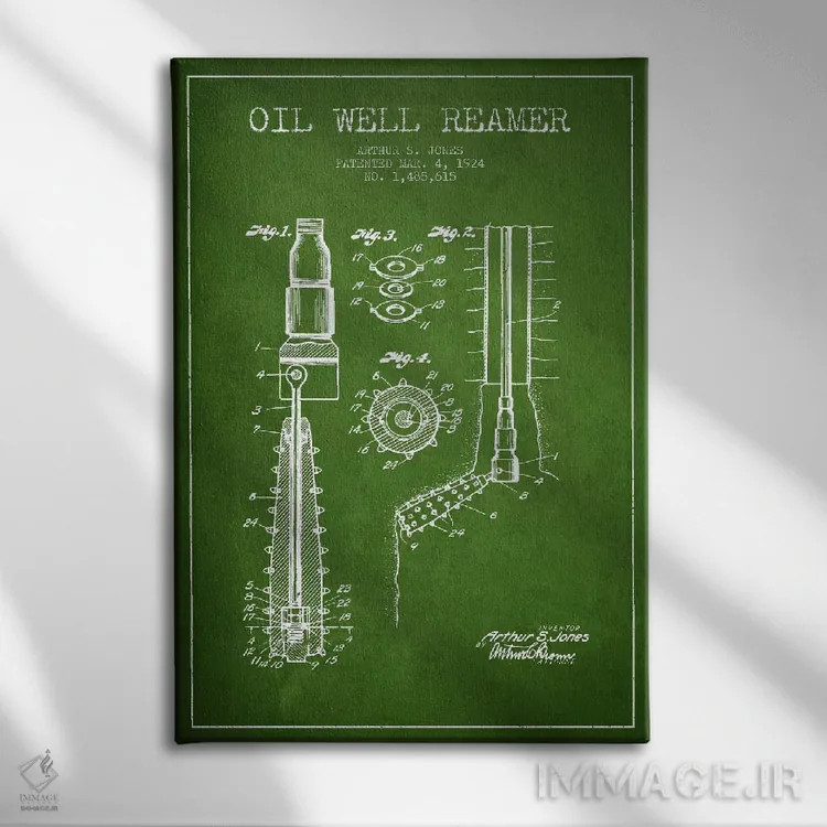 تابلو نقشهٔ ثبت اختراع گشادکن چاه نفت (سبز) اثر پیکسل کهنه (استودیو/نام هنری) - نمای روبهرو روی دیوار