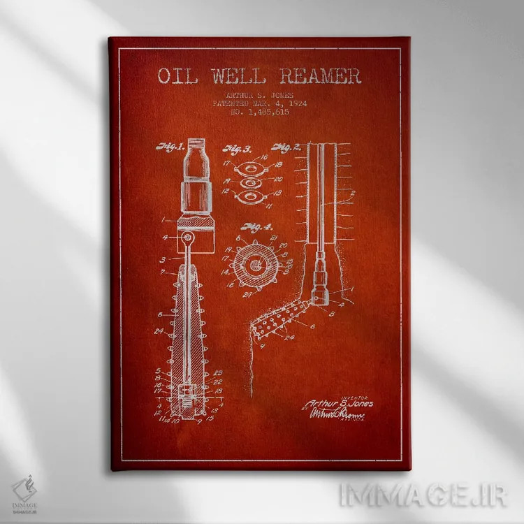 تابلو نقشهٔ ثبت اختراع گشادکن چاه نفت (قرمز) اثر پیکسل کهنه (استودیو/نام هنری) - نمای روبهرو روی دیوار
