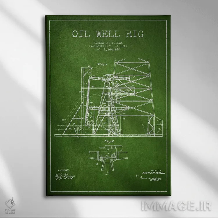 تابلو نقشهٔ ثبت اختراع دکل حفاری چاه نفت ۱ (سبز) اثر پیکسل کهنه (استودیو/نام هنری) - نمای روبهرو روی دیوار