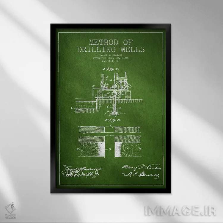 تابلو نقشهٔ ثبت اختراع روش حفاری چاهها (سبز) اثر پیکسل کهنه (استودیو/نام هنری) - نمای قابدار مشکی
