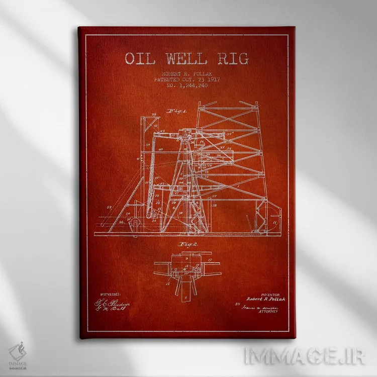 تابلو نقشهٔ ثبت اختراع دکل حفاری چاه نفت ۱ (قرمز) اثر پیکسل کهنه (استودیو/نام هنری) - نمای روبهرو روی دیوار