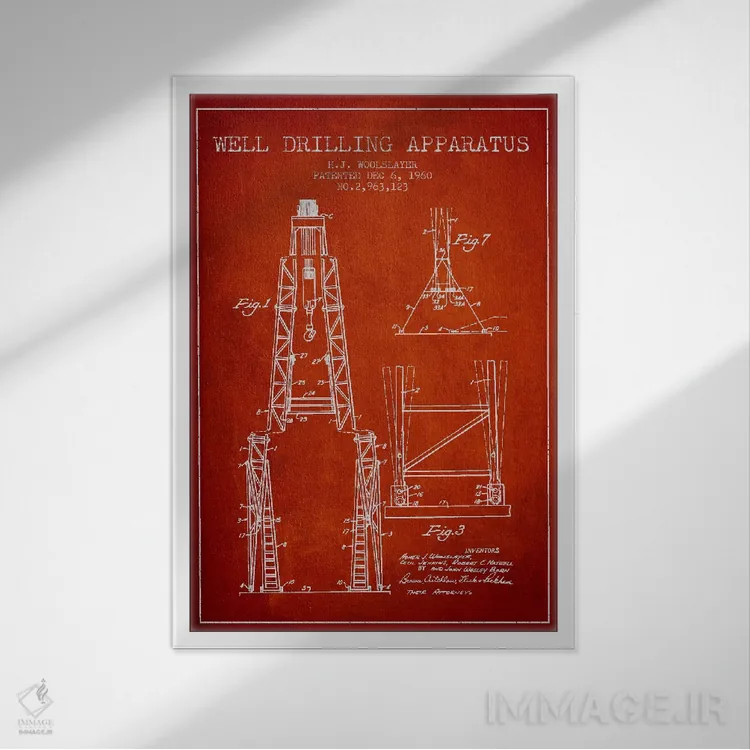 تابلو نقشهٔ ثبت اختراع دستگاه حفاری (قرمز) اثر پیکسل کهنه (استودیو/نام هنری) - نمای قابدار سفید