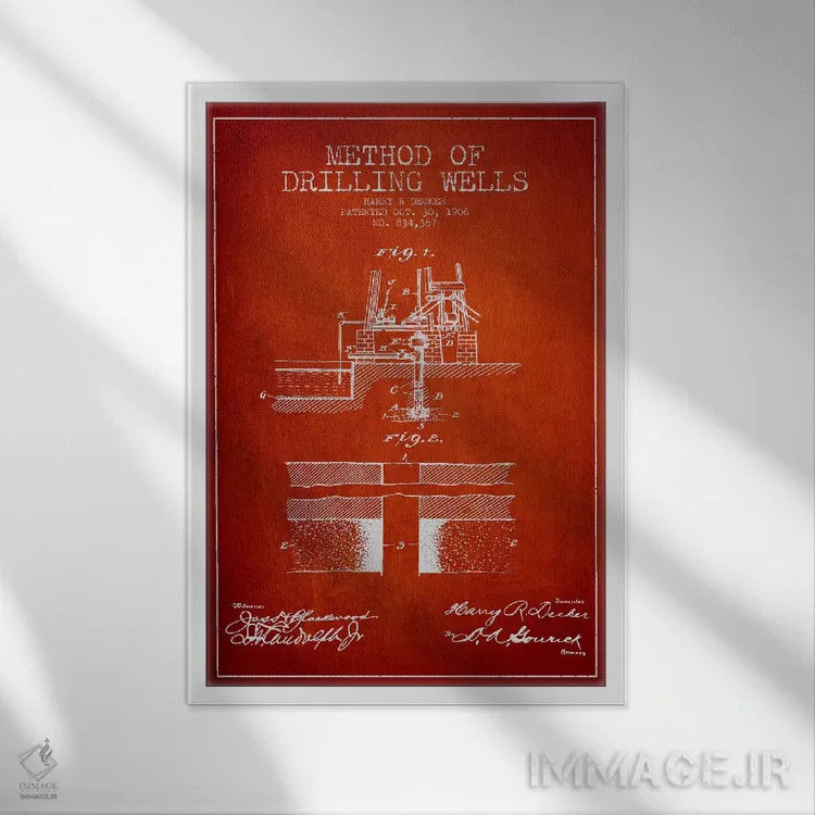 تابلو نقشهٔ ثبت اختراع روش حفاری چاهها (قرمز) اثر پیکسل کهنه (استودیو/نام هنری) - نمای قابدار سفید