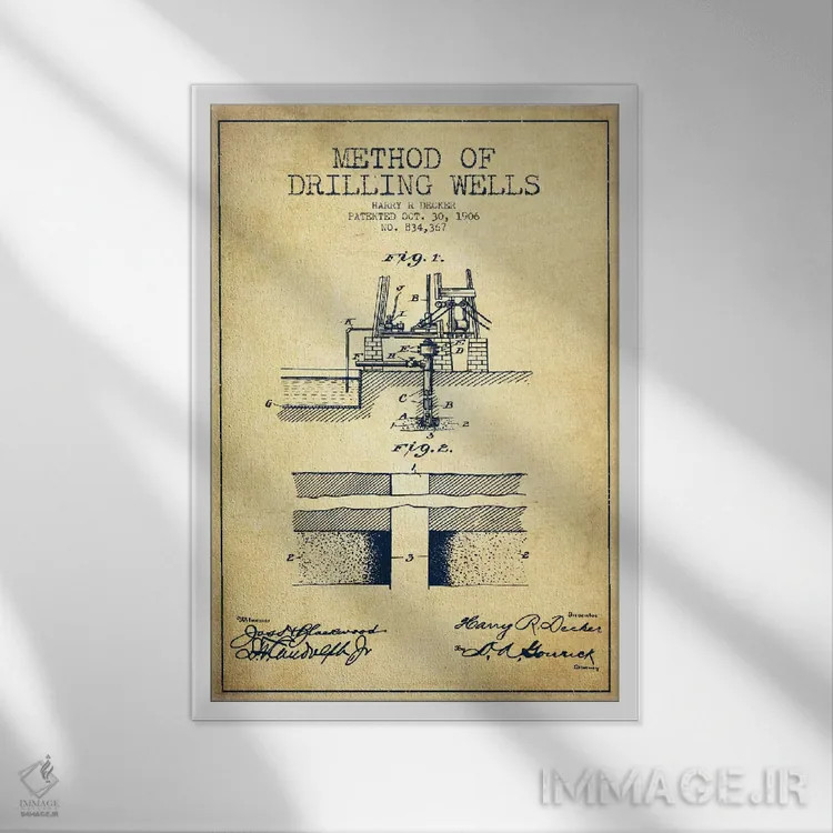 تابلو نقشهٔ ثبت اختراع روش حفاری چاهها (طرح قدیمی) اثر پیکسل کهنه (استودیو/نام هنری) - نمای قابدار سفید