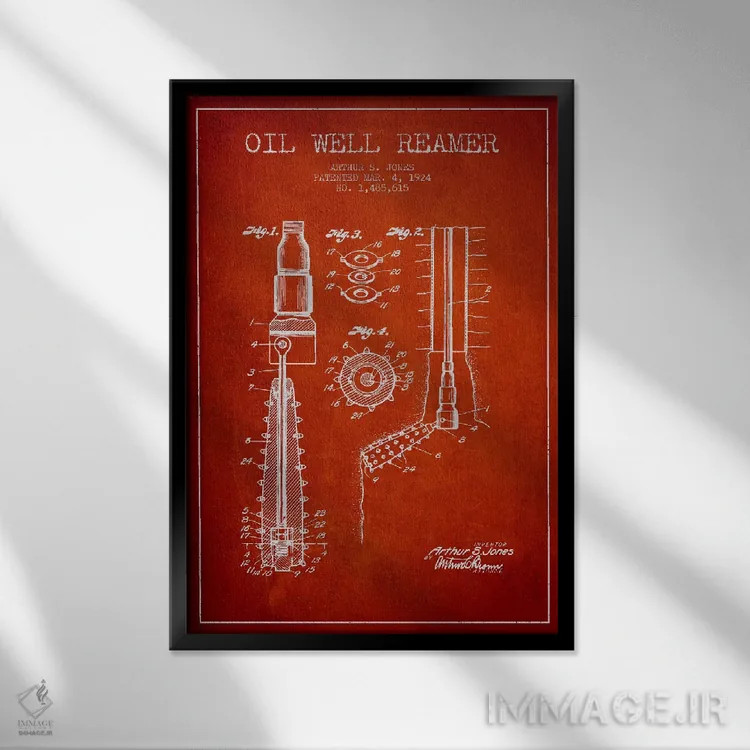 تابلو نقشهٔ ثبت اختراع گشادکن چاه نفت (قرمز) اثر پیکسل کهنه (استودیو/نام هنری) - نمای قابدار مشکی