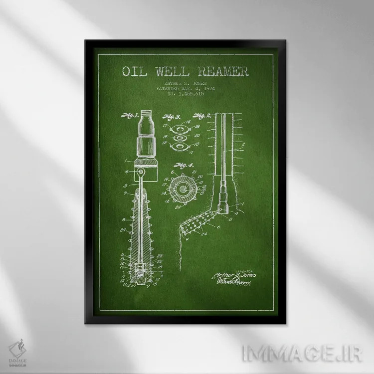 تابلو نقشهٔ ثبت اختراع گشادکن چاه نفت (سبز) اثر پیکسل کهنه (استودیو/نام هنری) - نمای قابدار مشکی