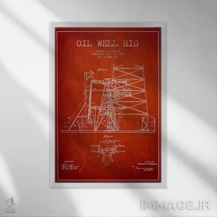 تابلو نقشهٔ ثبت اختراع دکل حفاری چاه نفت ۱ (قرمز) اثر پیکسل کهنه (استودیو/نام هنری) - نمای قابدار سفید