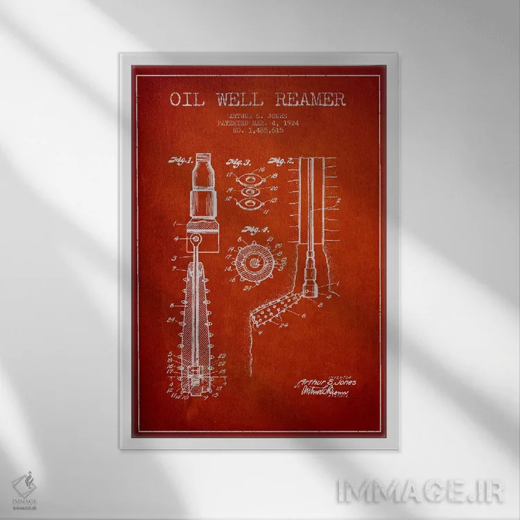 تابلو نقشهٔ ثبت اختراع گشادکن چاه نفت (قرمز) اثر پیکسل کهنه (استودیو/نام هنری) - نمای قابدار سفید