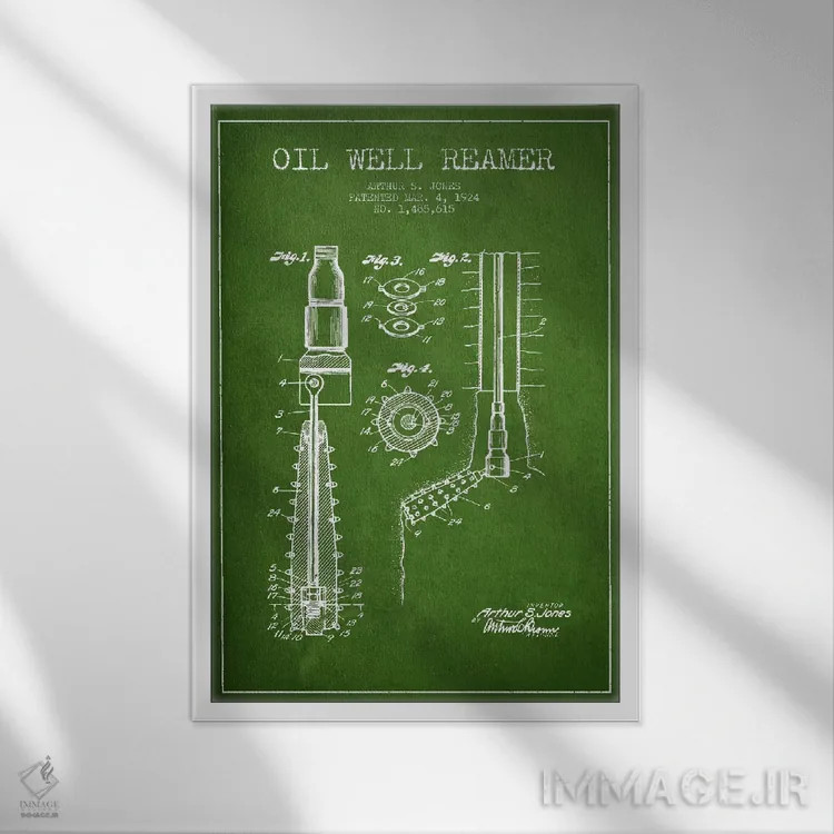 تابلو نقشهٔ ثبت اختراع گشادکن چاه نفت (سبز) اثر پیکسل کهنه (استودیو/نام هنری) - نمای قابدار سفید