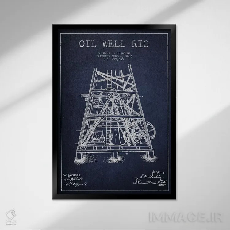 تابلو نقشهٔ ثبت اختراع دکل حفاری چاه نفت اثر پیکسل کهنه (استودیو/نام هنری) - نمای قابدار مشکی