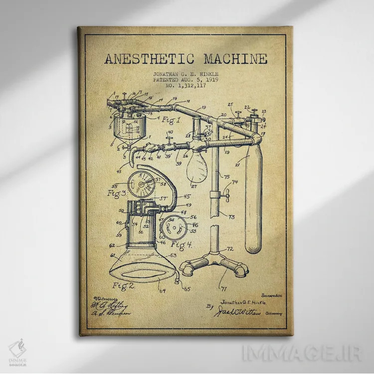 تابلو نقشهٔ ثبت اختراع دستگاه بیهوشی (طرح قدیمی) اثر پیکسل کهنه (استودیو/نام هنری) - نمای روبهرو روی دیوار