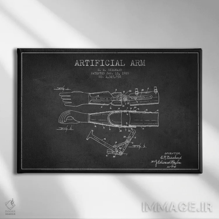 تابلو نقشهٔ ثبت اختراع دست مصنوعی (زغالی) اثر پیکسل کهنه (استودیو/نام هنری) - نمای روبهرو روی دیوار