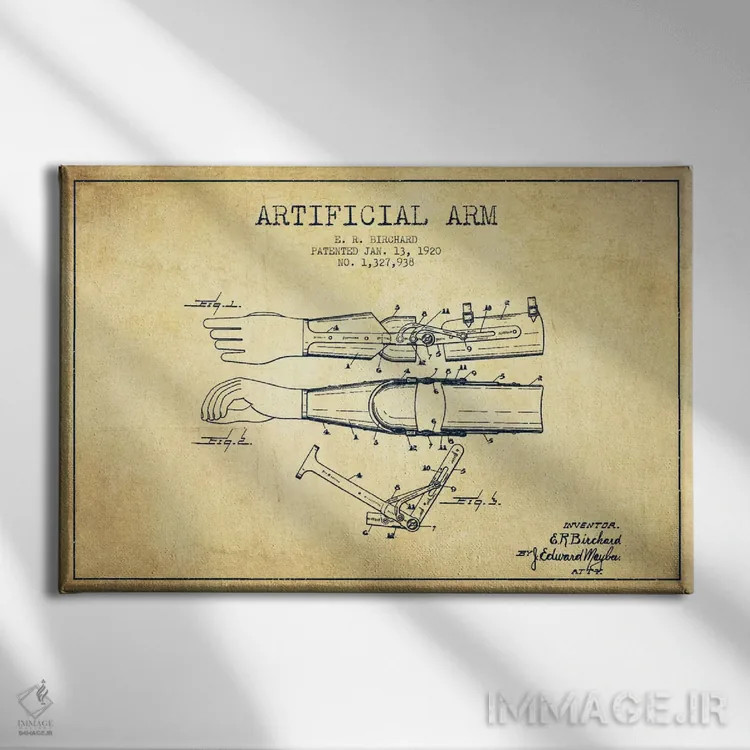 تابلو نقشهٔ ثبت اختراع دست مصنوعی (طرح قدیمی) اثر پیکسل کهنه (استودیو/نام هنری) - نمای روبهرو روی دیوار