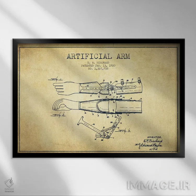 تابلو نقشهٔ ثبت اختراع دست مصنوعی (طرح قدیمی) اثر پیکسل کهنه (استودیو/نام هنری) - نمای قابدار مشکی