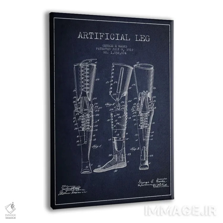 تابلو نقشهٔ ثبت اختراع پای مصنوعی (آبی تیره) اثر پیکسل کهنه (استودیو/نام هنری) - نمای پرسپکتیو محصول