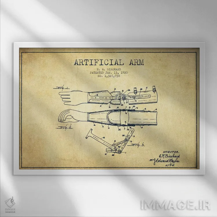 تابلو نقشهٔ ثبت اختراع دست مصنوعی (طرح قدیمی) اثر پیکسل کهنه (استودیو/نام هنری) - نمای قابدار سفید