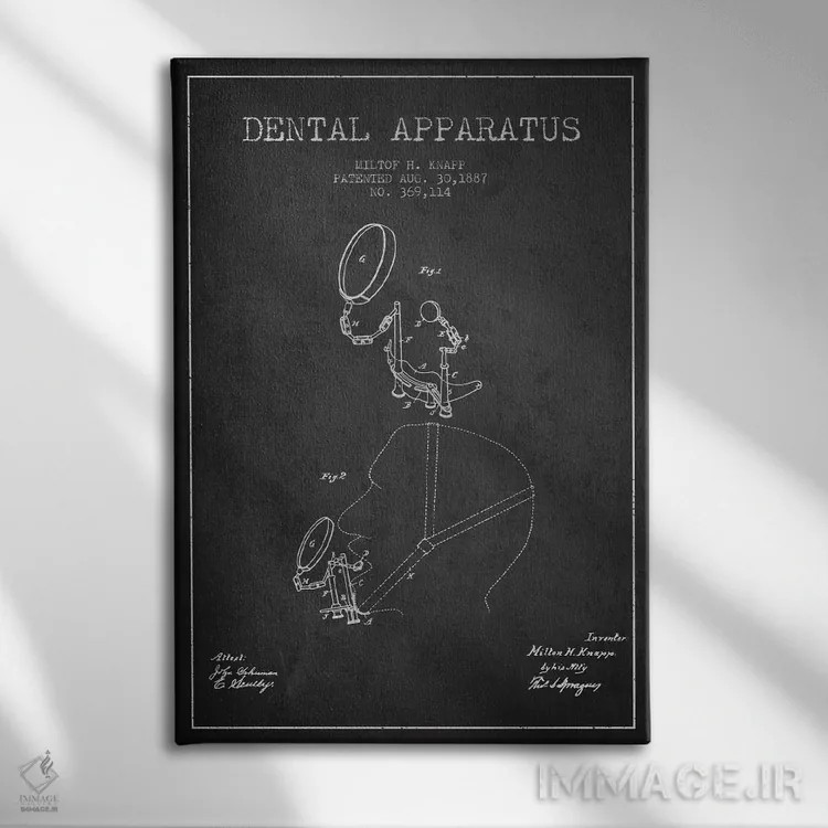 تابلو نقشهٔ ثبت اختراع ابزار دندانپزشکی (زغالی) اثر پیکسل کهنه (استودیو/نام هنری) - نمای روبهرو روی دیوار