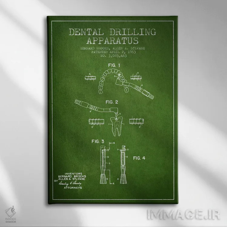 تابلو نقشهٔ ثبت اختراع حفاری دندان (سبز) اثر پیکسل کهنه (استودیو/نام هنری) - نمای روبهرو روی دیوار