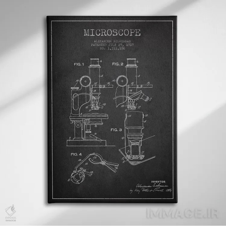 تابلو نقشهٔ ثبت اختراع میکروسکوپ (زغالی) اثر پیکسل کهنه (استودیو/نام هنری) - نمای روبهرو روی دیوار