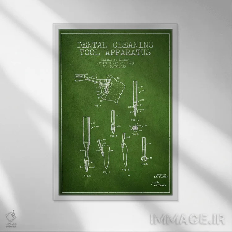 تابلو نقشهٔ ثبت اختراع ابزار تمیزکنندهٔ دندان (سبز) اثر پیکسل کهنه (استودیو/نام هنری) - نمای قابدار سفید