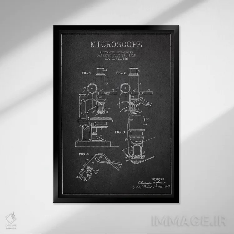 تابلو نقشهٔ ثبت اختراع میکروسکوپ (زغالی) اثر پیکسل کهنه (استودیو/نام هنری) - نمای قابدار مشکی