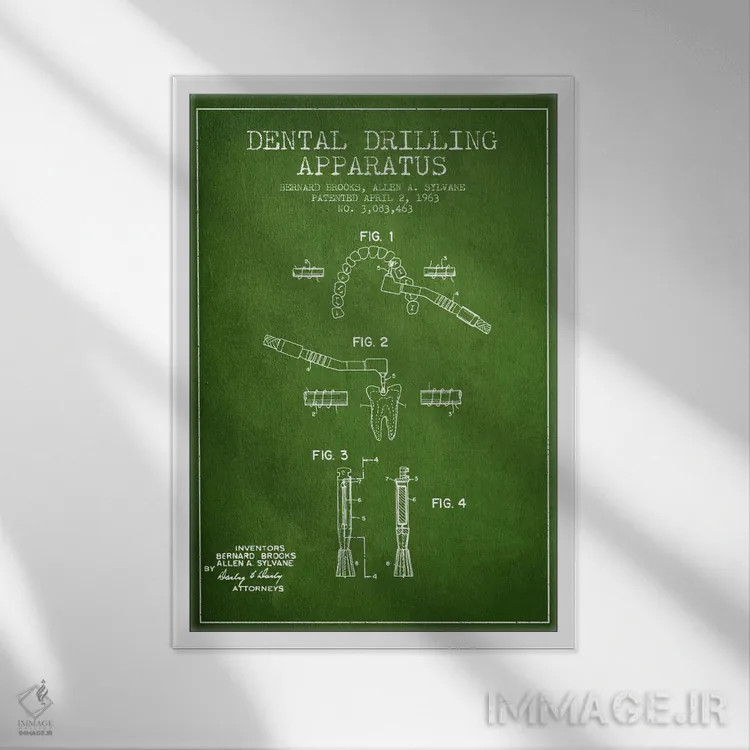 تابلو نقشهٔ ثبت اختراع حفاری دندان (سبز) اثر پیکسل کهنه (استودیو/نام هنری) - نمای قابدار سفید