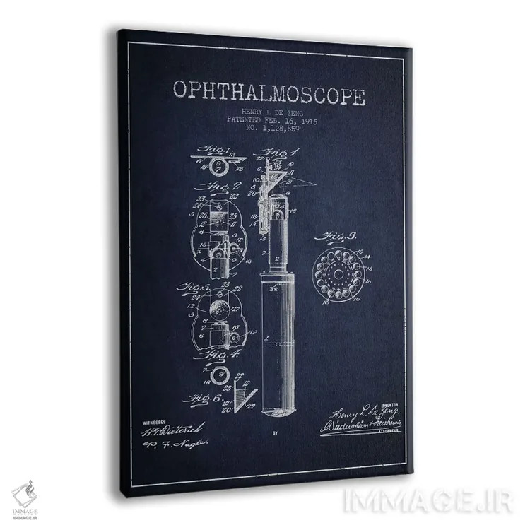 تابلو نقشهٔ ثبت اختراع افتالموسکوپ آبی نفتی اثر پیکسل کهنه (استودیو/نام هنری) - نمای پرسپکتیو محصول