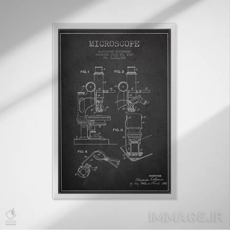 تابلو نقشهٔ ثبت اختراع میکروسکوپ (زغالی) اثر پیکسل کهنه (استودیو/نام هنری) - نمای قابدار سفید