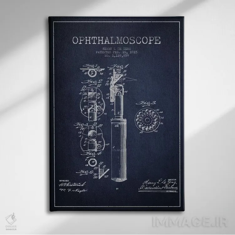 تابلو نقشهٔ ثبت اختراع افتالموسکوپ آبی نفتی اثر پیکسل کهنه (استودیو/نام هنری) - نمای روبهرو روی دیوار