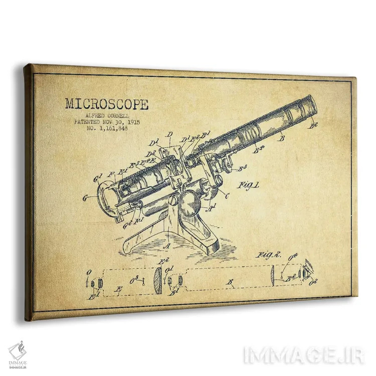 تابلو نقشهٔ ثبت اختراع میکروسکوپ (طرح کلاسیک) اثر پیکسل کهنه (استودیو/نام هنری) - نمای پرسپکتیو محصول