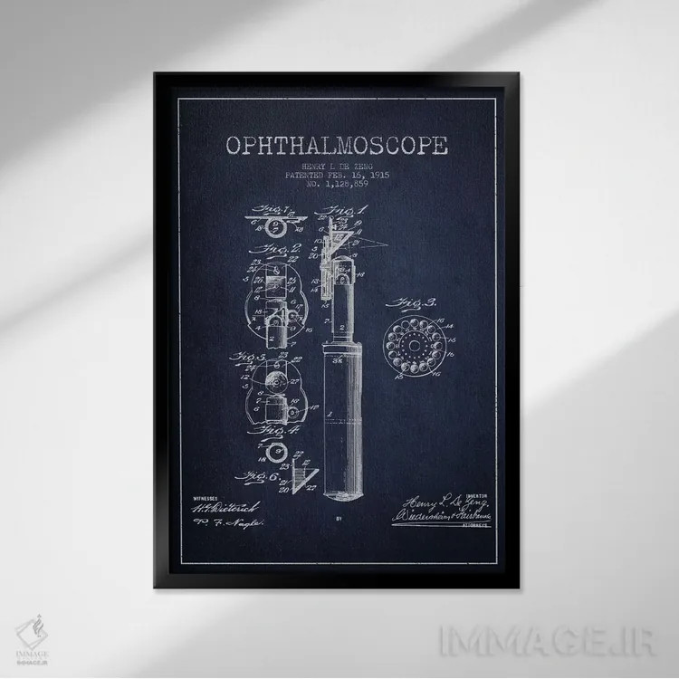 تابلو نقشهٔ ثبت اختراع افتالموسکوپ آبی نفتی اثر پیکسل کهنه (استودیو/نام هنری) - نمای قابدار مشکی