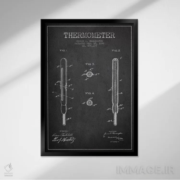 تابلو نقشهٔ ثبت اختراع دماسنج خاکستری اثر پیکسل کهنه (استودیو/نام هنری) - نمای قابدار مشکی