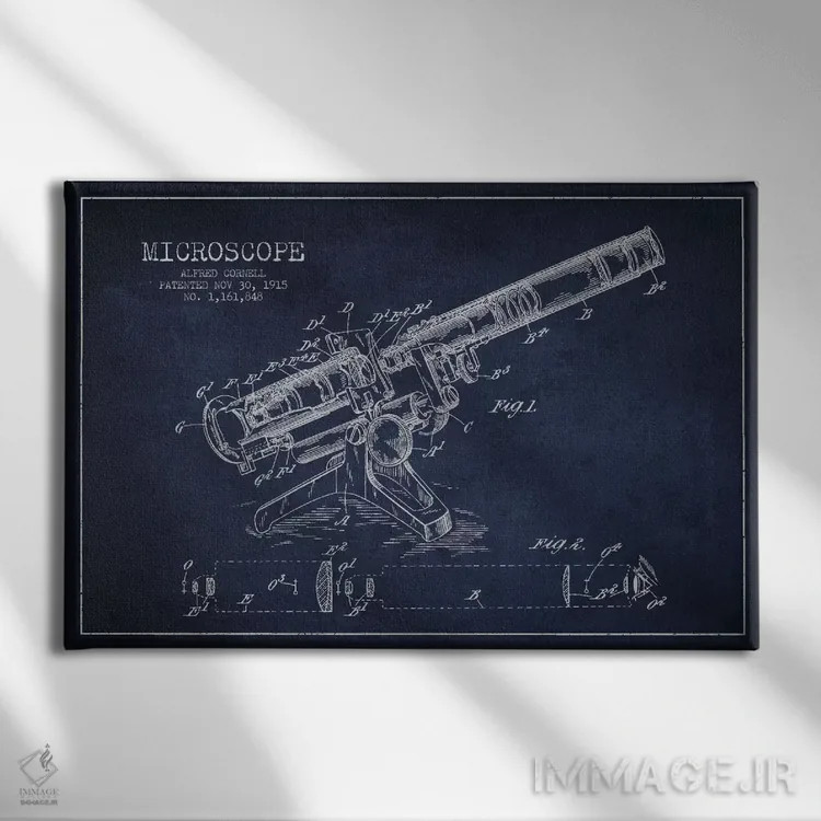 تابلو نقشهٔ ثبت اختراع میکروسکوپ آبی نفتی اثر پیکسل کهنه (استودیو/نام هنری) - نمای روبهرو روی دیوار