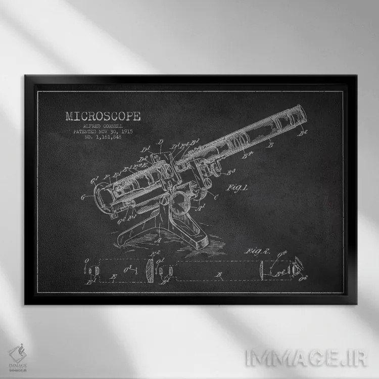 تابلو نقشهٔ ثبت اختراع میکروسکوپ خاکستری اثر پیکسل کهنه (استودیو/نام هنری) - نمای قابدار مشکی