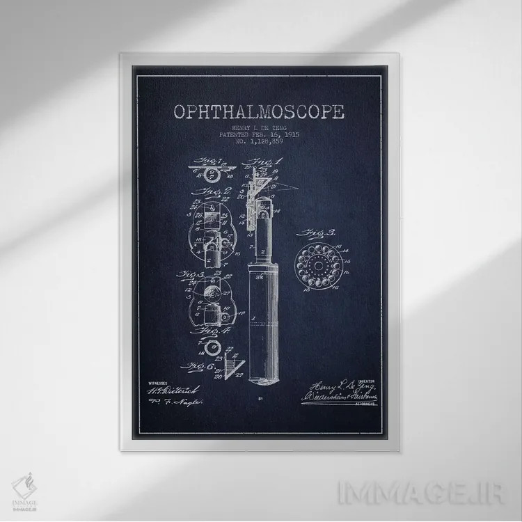 تابلو نقشهٔ ثبت اختراع افتالموسکوپ آبی نفتی اثر پیکسل کهنه (استودیو/نام هنری) - نمای قابدار سفید