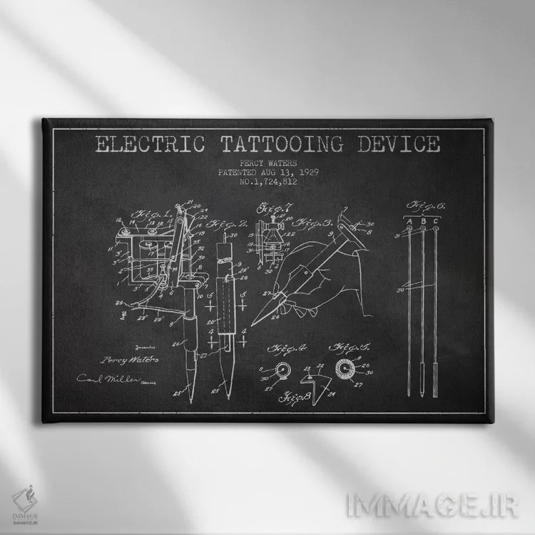تابلو نقشهٔ ثبت اختراع دستگاه تاتو (زغالی) اثر پیکسل کهنه (استودیو/نام هنری) - نمای روبهرو روی دیوار